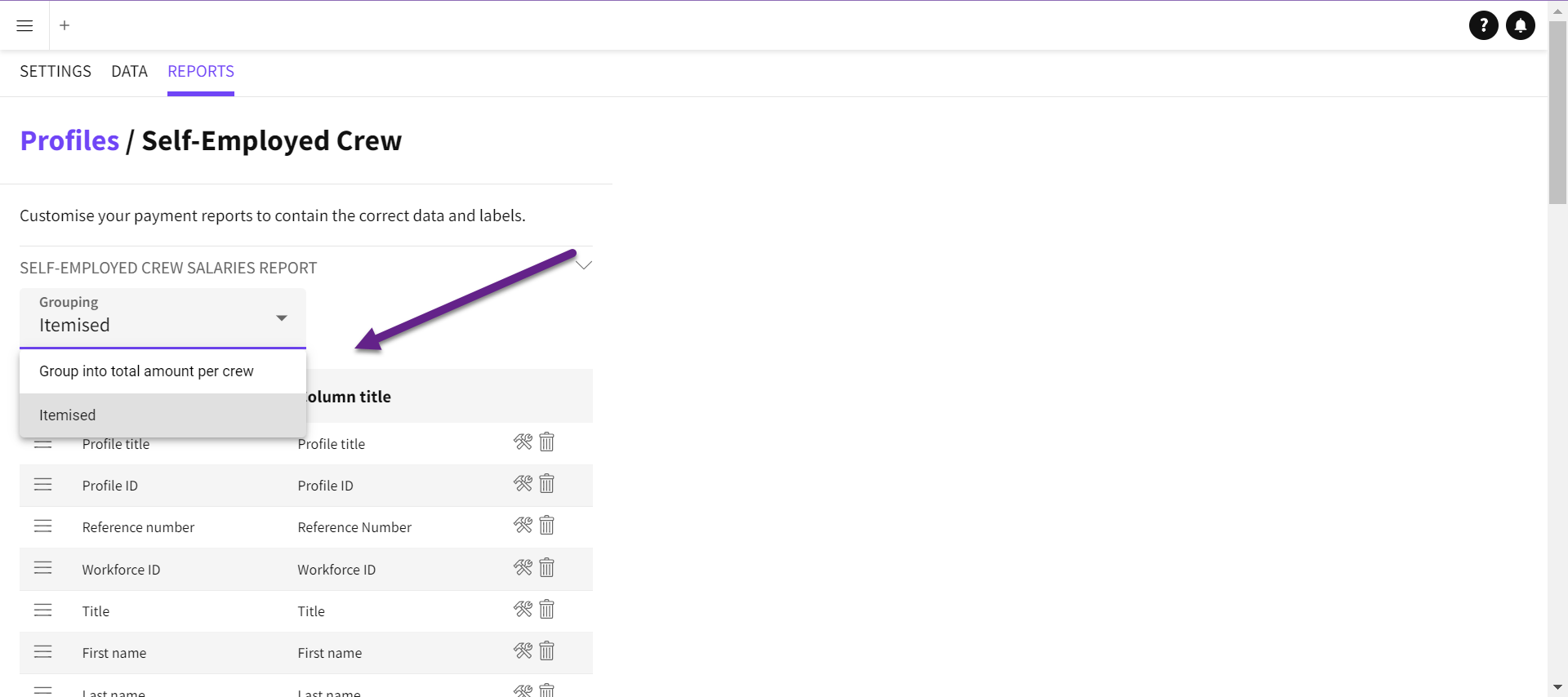 Itemised or grouped data options